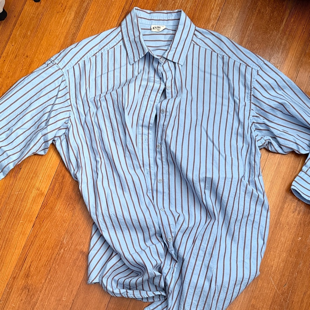 Pact Light Blue Button-Down Shirt with Brown Stripes